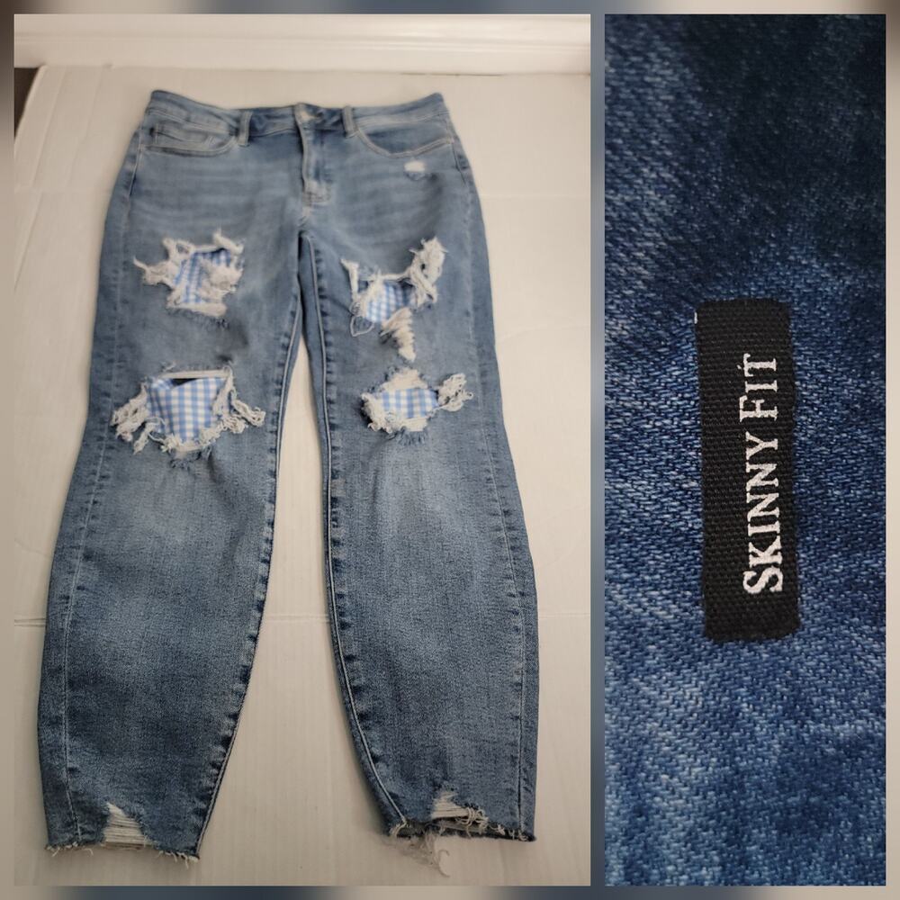 Judy Blue Jeans SZ 14W skinny Fit High Rise Stretch Picnic Plaid Patchwork